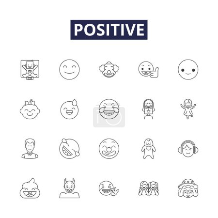 Illustration for Positive line vector icons and signs. Joyful, Affirmative, Kind, Accepting, Inspired, Encouraging, Glowing, Sunny vector outline illustration set - Royalty Free Image