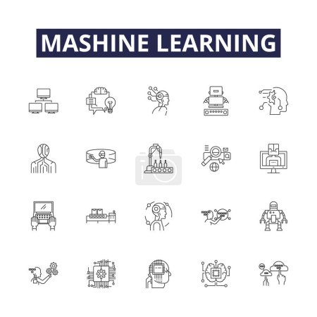 Illustration for Mashine learning line vector icons and signs. learning, artificial, intelligence, neural, networks, supervised, deep, predictive vector outline illustration set - Royalty Free Image