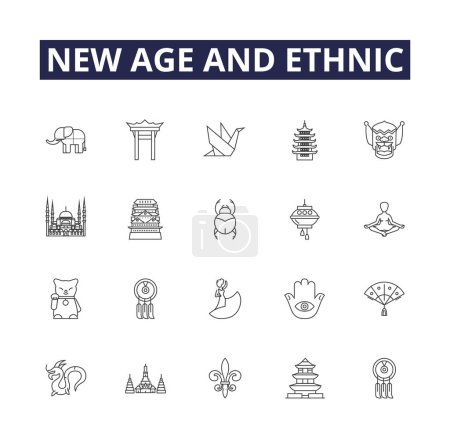 Illustration for New age and ethnic line vector icons and signs. Ethnic, Fusion, Multicultural, Global, World, Harmony, Diversity, Myth vector outline illustration set - Royalty Free Image