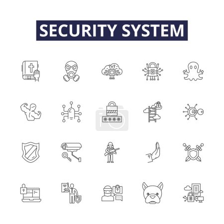 Illustration for Security system line vector icons and signs. Protect, Surveillance, Monitoring, Guard, Safeguard, Alarm, Defend, Encryption vector outline illustration set - Royalty Free Image