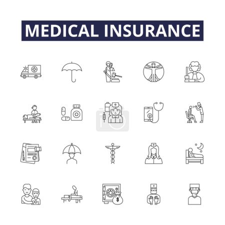 Ilustración de Iconos y signos de vector de línea de seguro médico. Cobertura, Plan, Protección, Prima, Asegurado, Cobertura, Beneficio, Conjunto de ilustración de esquema de vector de Medicare - Imagen libre de derechos