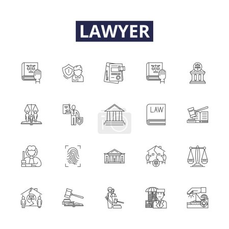 Illustration for Lawyer line vector icons and signs. Attorney, Barrister, Solicitor, Counsellor, Mediator, Negotiator, Jurist, Jurisconsult vector outline illustration set - Royalty Free Image