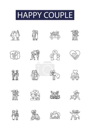 Illustration for Happy couple line vector icons and signs. joyous, content, wed, thrilled, smitten, beaming, jubilant, united vector outline illustration set - Royalty Free Image