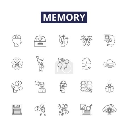Illustration for Memory line vector icons and signs. Retention, Remembrance, Cache, Memorize, Reminisce, Impression, Legacy, Mnemonic vector outline illustration set - Royalty Free Image