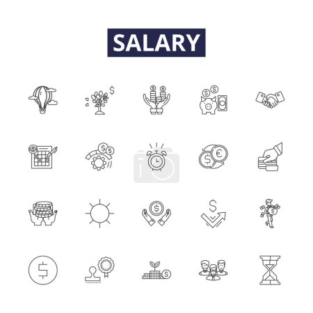 Illustration for Salary line vector icons and signs. Pay, Earnings, Remuneration, Stipend, Allowance, Compensation, Remit, Incentive vector outline illustration set - Royalty Free Image