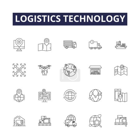 Illustration for Logistics technology line vector icons and signs. Technology, Tracking, Automation, Delivery, Warehousing, Monitoring, Systems, Network vector outline illustration set - Royalty Free Image