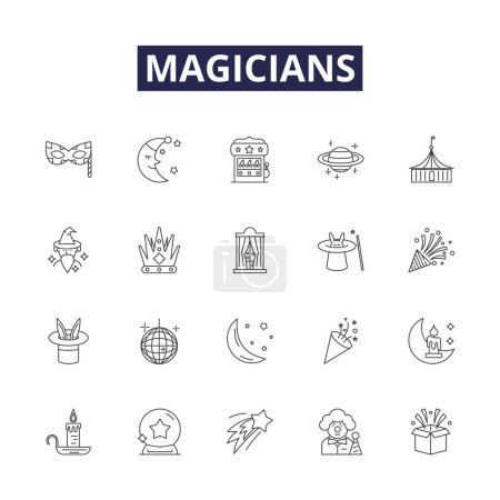 Illustration for Magicians line vector icons and signs. Sorcerer, Illusionist, Wizard, Conjurer, Enchantress, Warlock, Mystic, Charlatan vector outline illustration set - Royalty Free Image
