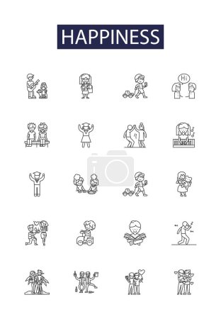 Illustration for Happiness line vector icons and signs. Contentment, Bliss, Gratitude, Satisfaction, Cheer, Gladness, Ease, Zest vector outline illustration set - Royalty Free Image