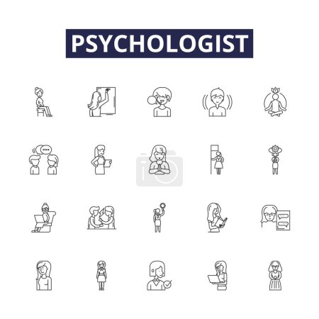 Illustration for Psychologist line vector icons and signs. Analyst, Therapist, Psychiatrist, Clinical, Psychoanalysis, Behavior, Mental, Cognitive vector outline illustration set - Royalty Free Image