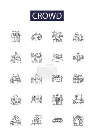 Illustration for Crowd line vector icons and signs. Herd, Horde, Gathering, Throng, Swarm, Clusters, Assembly, Clamor vector outline illustration set - Royalty Free Image