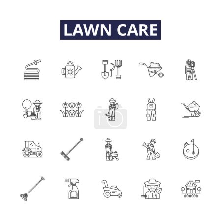 Illustration for Lawn care line vector icons and signs. Gardening, Weeding, Fertilizing, Aerating, Edging, De-thatching, Mulching, Pruning vector outline illustration set - Royalty Free Image