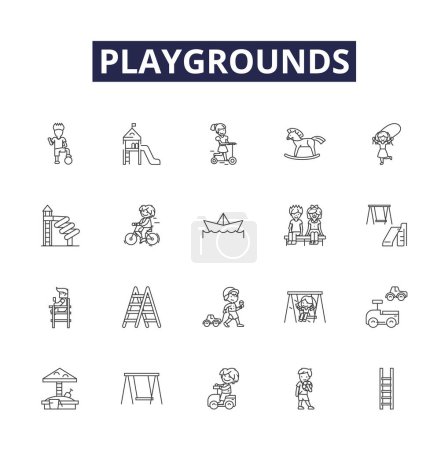 Illustration for Playgrounds line vector icons and signs. playground, play, swings, slides, sandbox, games, equipment, fun vector outline illustration set - Royalty Free Image