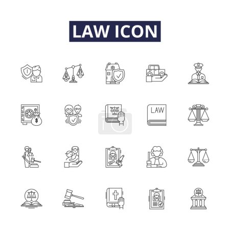 Icono de ley línea vectorial iconos y signos. Justicia, Corte, Abogado, Escudo, Gavel, Jurisprudencia, Legal, Esquema de vector judicial conjunto de ilustración