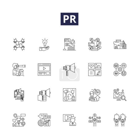 Illustration for Pr line vector icons and signs. Primp, Presell, Propel, Pragmatic, Provision, Proactive, Prolific, Presto vector outline illustration set - Royalty Free Image