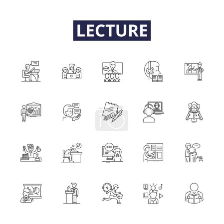 Illustration for Lecture line vector icons and signs. Talk, Seminar, Education, Classroom, Information, Speech, Knowledge, Explain vector outline illustration set - Royalty Free Image