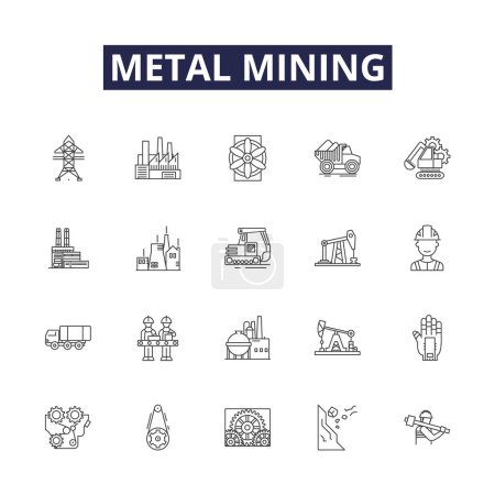 Illustration for Metal mining line vector icons and signs. Metal, Ore, Extracting, Crushing, Processing, Drill, Drilling, Excavation vector outline illustration set - Royalty Free Image