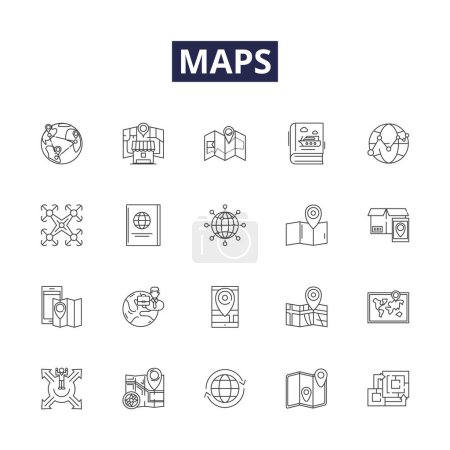 Ilustración de Mapas de línea vectorial iconos y signos. Cartografía, Encuesta, Atlas, Topografía, Brújula, Navegación, Indicaciones, Conjunto de ilustración de esquema vectorial pronáutico - Imagen libre de derechos