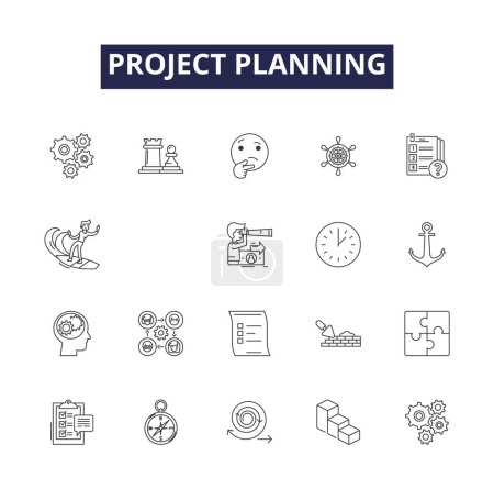 Illustration for Project planning line vector icons and signs. Planning, Management, Requirements, Schedule, Analysis, Design, Budget, Outline vector outline illustration set - Royalty Free Image