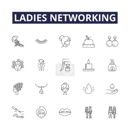 Illustration for Ladies networking line vector icons and signs. Networking, Ladies, Connecting, Relating, Gathering, Collocating, Interacting, Cohabiting vector outline illustration set - Royalty Free Image