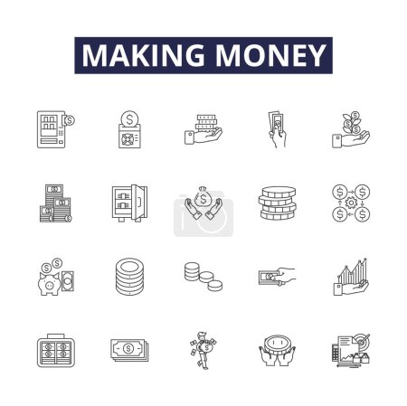 Illustration for Making money line vector icons and signs. Profit, Invest, Save, Leverage, Trade, Sell, Bargain, Build vector outline illustration set - Royalty Free Image
