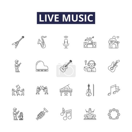 Ilustración de Línea de música en vivo iconos vectoriales y signos. Conciertos, Performance, Groove, Sing, Jam, Rock, Jazz, Blues vector outline illustration set - Imagen libre de derechos