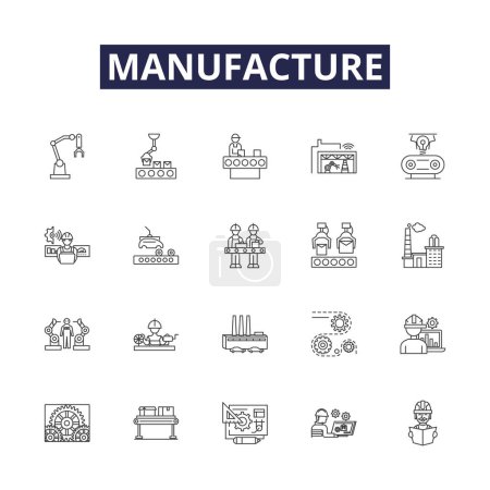 Illustration for Manufacture line vector icons and signs. Construct, Assemble, Fabrication, Produce, Manufacture, Create, Build, Make vector outline illustration set - Royalty Free Image