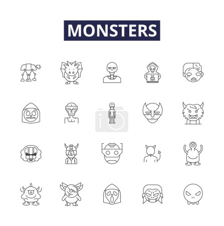 Téléchargez les illustrations : Monstres ligne vectorielle icônes et signes. Lizardmen, Ghouls, Cyclops, Ogres, Bogeymen, Mummies, Dragons, Witches vectoriel outline illustration set - en licence libre de droit