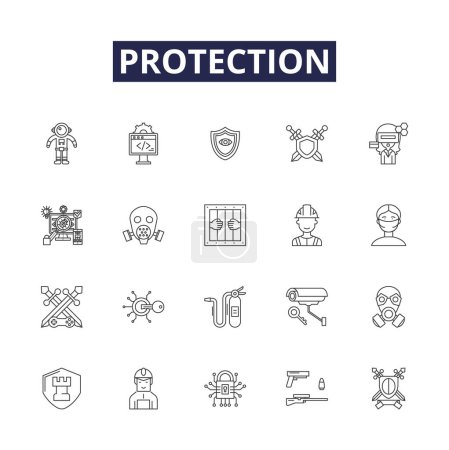 Illustration for Protection line vector icons and signs. Safeguard, Shield, Secure, Defend, Preserve, Watch, Barrier, Deter vector outline illustration set - Royalty Free Image