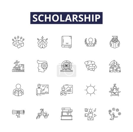 Illustration for Scholarship line vector icons and signs. Award, Fund, Subsidy, Bursary, Endowment, Prize, Stipend, Financing vector outline illustration set - Royalty Free Image