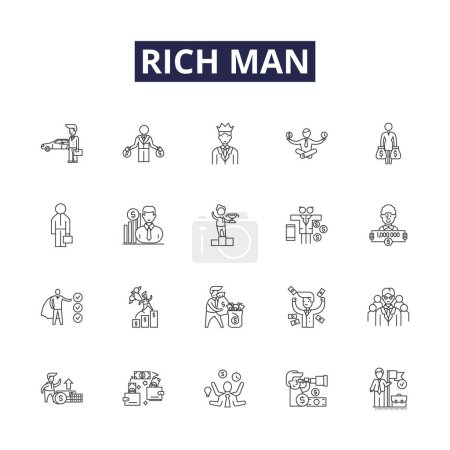 Illustration for Rich man line vector icons and signs. affluent, opulent, moneyed, prosperous, well-off, flush, grand, lucrative vector outline illustration set - Royalty Free Image