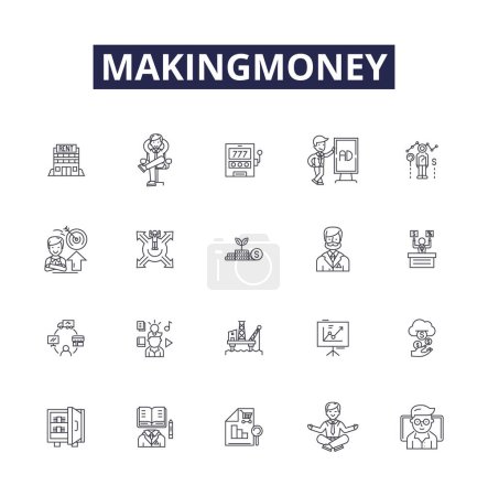 Illustration for Makingmoney line vector icons and signs. Profiting, Investing, Trading, Gambling, Saling, Saving, Part-time, Freelancing vector outline illustration set - Royalty Free Image
