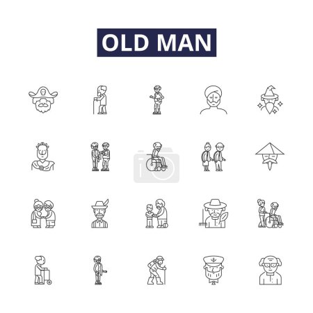 Illustration for Old man line vector icons and signs. Veteran, Patriarch, Aged, Silver-head, Geriatric, Grandpa, Granddad, Graybeard vector outline illustration set - Royalty Free Image