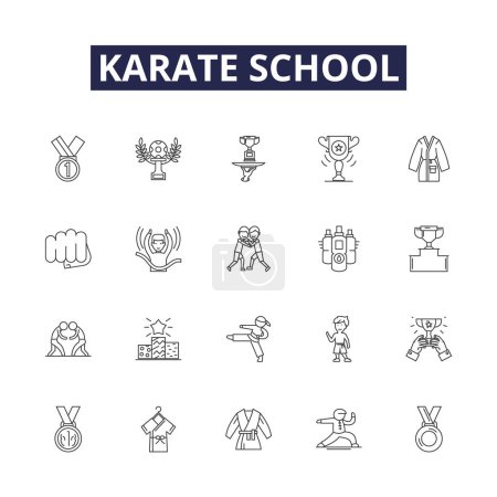 Illustration for Karate school line vector icons and signs. School, Dojo, Martial, Arts, Training, Instructor, Program, Classes vector outline illustration set - Royalty Free Image