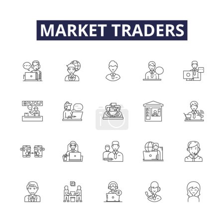 Téléchargez les illustrations : Les traders du marché alignent des icônes vectorielles et des signes. marché, vendeurs, détaillants, concessionnaires, étals, colporteurs, vendeurs, marchands illustration vectorielle ensemble - en licence libre de droit