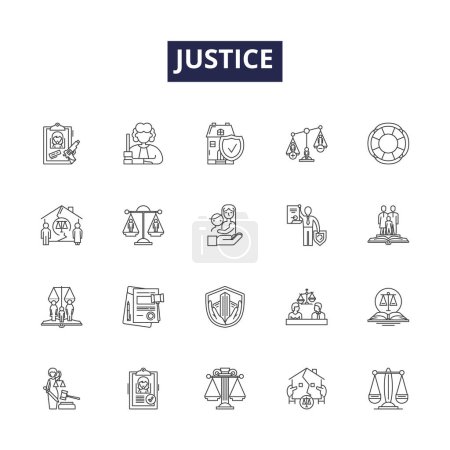 Illustration for Justice line vector icons and signs. Equity, Fairness, Righteousness, Judge, Justice, Morality, Legality, Impartiality vector outline illustration set - Royalty Free Image