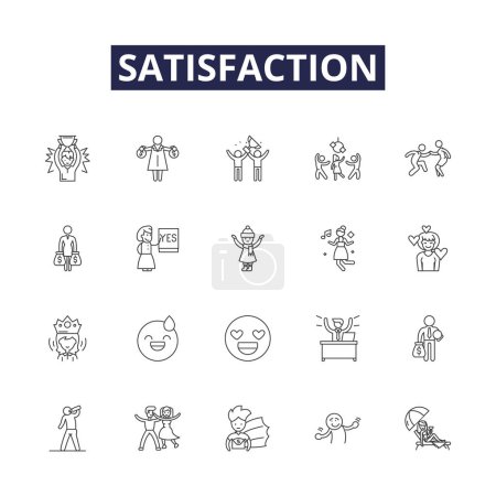 Illustration for Satisfaction line vector icons and signs. Bliss, exhilaration, gratification, achievement, glee, gratification, delight, pleasure vector outline illustration set - Royalty Free Image