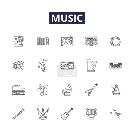 Illustration for Music line vector icons and signs. Harmony, Opera, Concert, Band, Singer, Jazz, Rhythm, Strings vector outline illustration set - Royalty Free Image