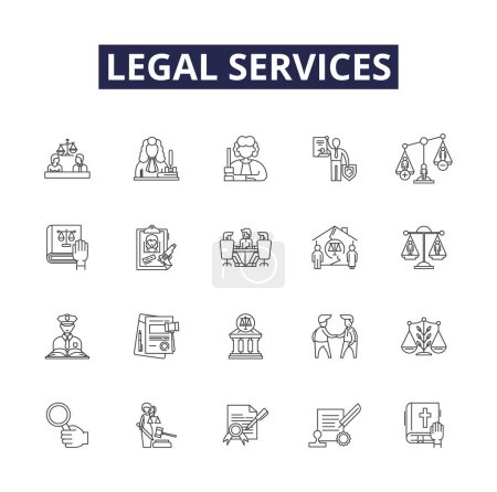 Illustration for Legal services line vector icons and signs. Attorney, Paralegal, Advocate, Judicial, Counsel, Court, Advocacy,Justice vector outline illustration set - Royalty Free Image