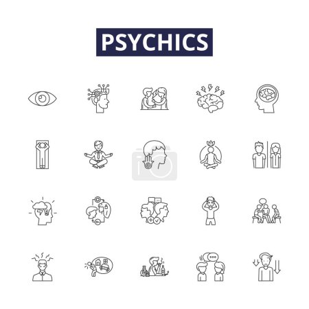Illustration for Psychics line vector icons and signs. Clairvoyants, Mediums, Fortune-tellers, Seers, Diviners, Crystal-gazers, Haruspexes, Mystics vector outline illustration set - Royalty Free Image