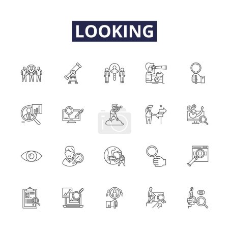 Illustration for Looking line vector icons and signs. Viewing, Peeking, Examining, Survey, Glancing, Observing, Studying, Foreseeing vector outline illustration set - Royalty Free Image