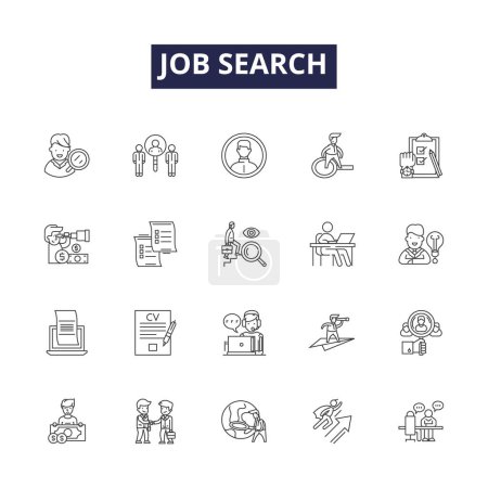 Illustration for Job search line vector icons and signs. Search, Seek, Employment, Hunt, Vacancy, Prospect, Career, Posting vector outline illustration set - Royalty Free Image