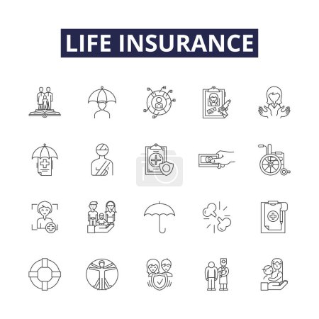 Illustration for Life insurance line vector icons and signs. Insurance, Coverage, Policy, Protection, Annuity, Plan, Premium, Beneficiary vector outline illustration set - Royalty Free Image