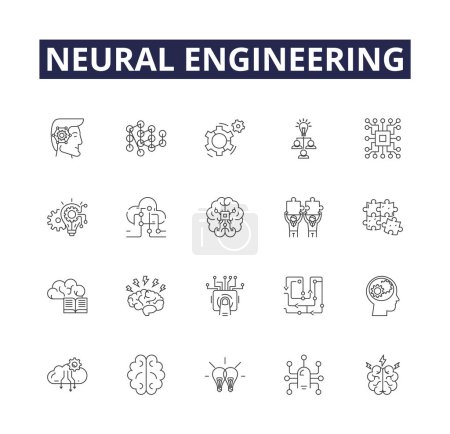 Ilustración de Línea de ingeniería neuronal vectorial iconos y signos. Neurociencia, Red Neural, Machine Learning, Interfaz Neural, Inteligencia Artificial, Neuroética, Interfaz Cerebro-Máquina, Reconocimiento de Patrones - Imagen libre de derechos