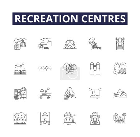 Illustration for Recreation centres line vector icons and signs. Centres, Parks, Playgrounds, Amusement, Leisure, Gyms, Outdoors, Swimming vector outline illustration set - Royalty Free Image