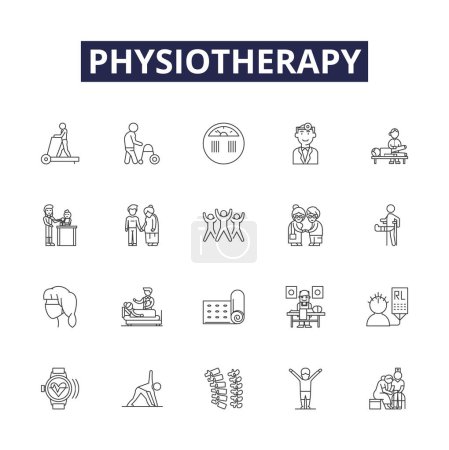 Illustration for Physiotherapy line vector icons and signs. Rehabilitation, Exercise, Strengthening, Manual, Pain, Mobility, Posture, Training vector outline illustration set - Royalty Free Image