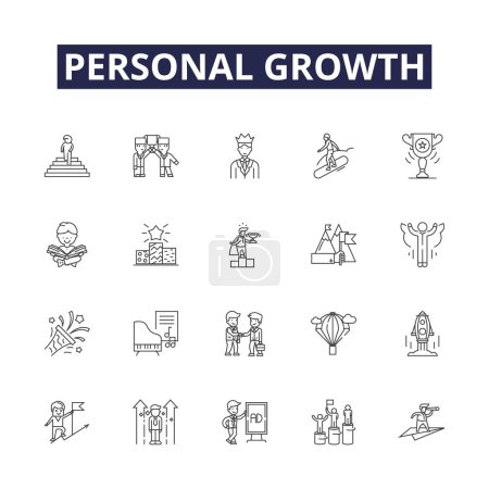 Illustration for Personal growth line vector icons and signs. Progress, Refinement, Maturity, Expansion, Realization, Advancement, Intensification, Amplification vector outline illustration set - Royalty Free Image