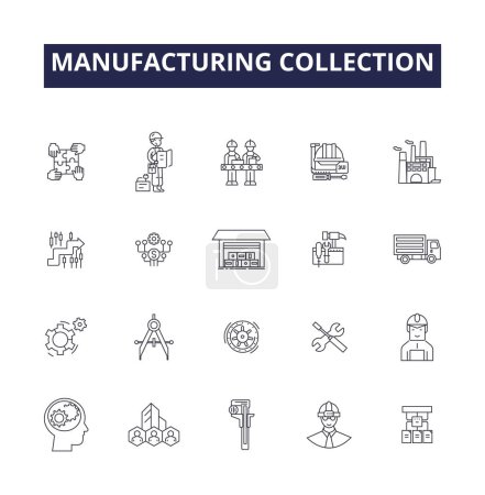 Illustration for Manufacturing collection line vector icons and signs. Collection, Production, Assembly, Gather, Fabrication, Accumulate, Amass, Assemble vector outline illustration set - Royalty Free Image