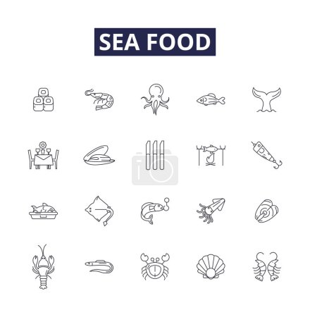 Téléchargez les illustrations : Ligne de fruits de mer icônes vectorielles et signes. Poisson, crevettes, palourdes, huîtres, crabe, saumon, flétan, homard illustration vectorielle ensemble - en licence libre de droit