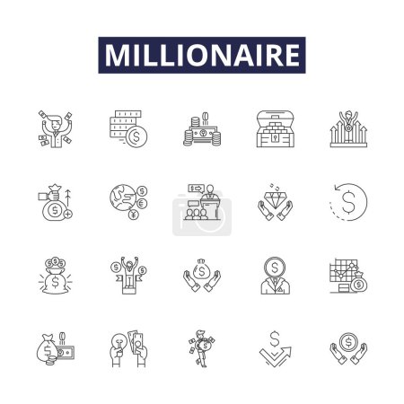 Millionaire line vector icons and signs. Rich, Monied, Prosperous, Affluent, Moneyed, Millionaire, Opulent, Lavish vector outline illustration set