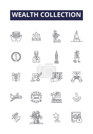 Illustration for Wealth collection line vector icons and signs. Collection, Wealthy, Assets, Gather, Accumulate, Invest, Profit, Value vector outline illustration set - Royalty Free Image